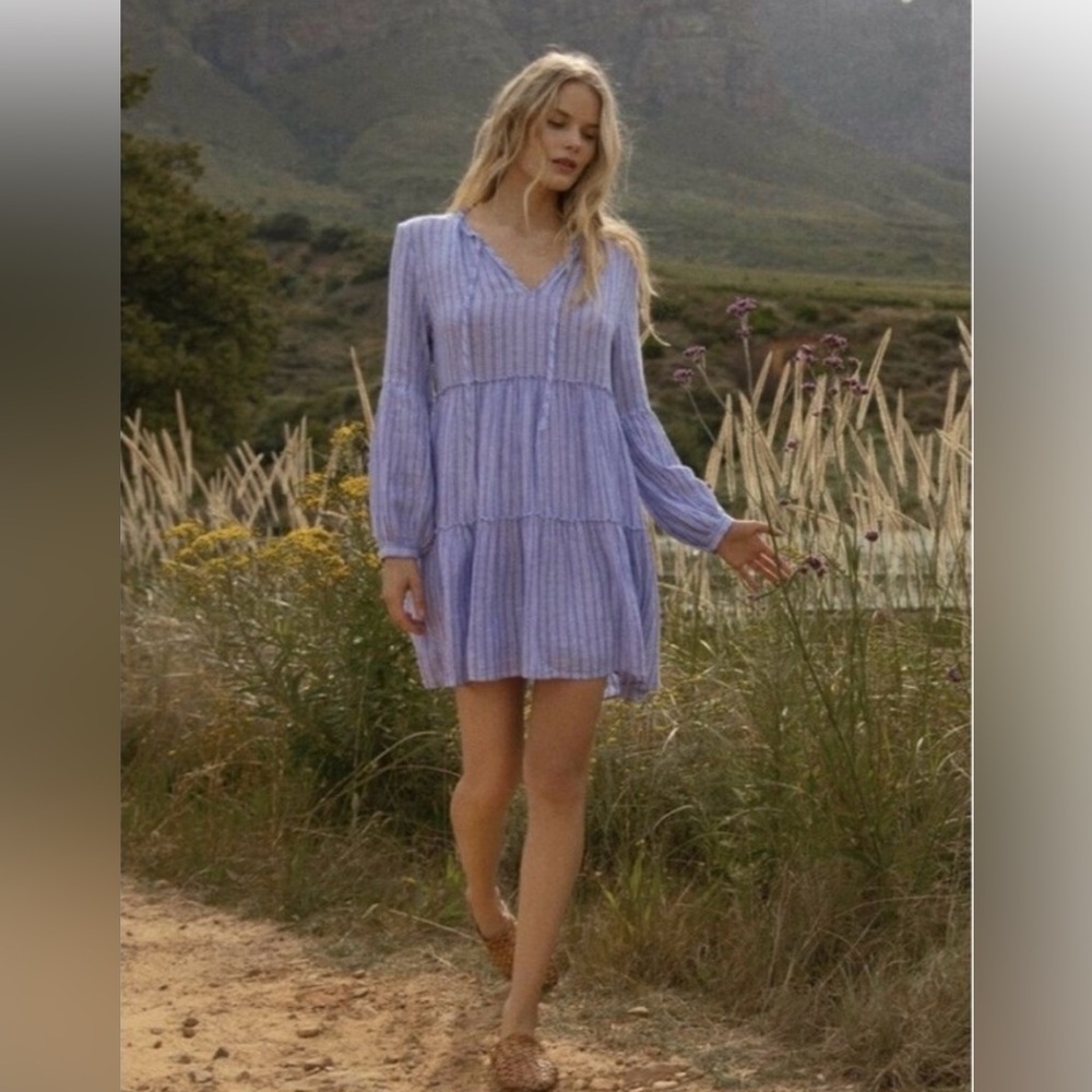 RAILS Everly Dress in Ludlow Stripe  Light Blue Long Sleeve Dress Size Medium - Picture 2 of 12
